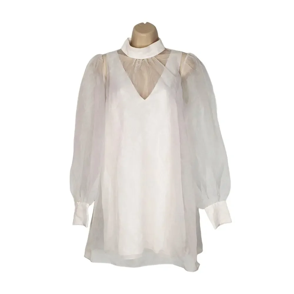 Mare Mare Long Sleeve Organza Overlay Mini Dress White High Neck Size Small - Picture 4 of 14